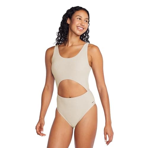 Speedo Women's Solid Ribbed Keyhole Back Recreational One Piece Swimsuit - Pale Tan, 8