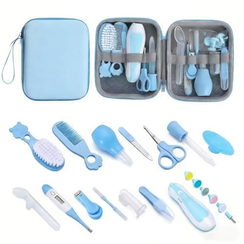 Baby Grooming Kit - 20 in 1 Nursery Essentials Baby Registry Shower Gift for Newborns, Infants, Toddlers, Boys, Girls Kids-Safety Baby Comb, Brush, Finger Toothbrush, Nail Clippers, Scissors(Blue)