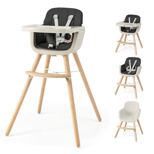 HONEY JOY Baby High Chair, 6-in-1 Eat & Grow Wooden Highchair/Toddler Chair with Removable Tray, 5-Point Harness, PU Cushion and Footrest, Convertible High Chair for Babies and Toddlers (Black)