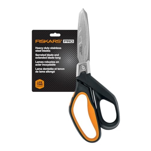 Fiskars Pro PowerArc Shop Shears, Heavy Duty Stainless Steal Scissor, Industrial Grade Tool for Building and Construction, 10 in, Orange/Black
