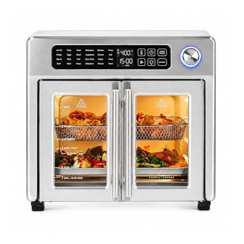 Emeril Lagasse Extra Large French Door Air Fryer Toaster Oven Combo, 25 Cooking Functions and Digital Controls, 7 Accessories Included, Stainless Steel Finish, 26QT Capacity