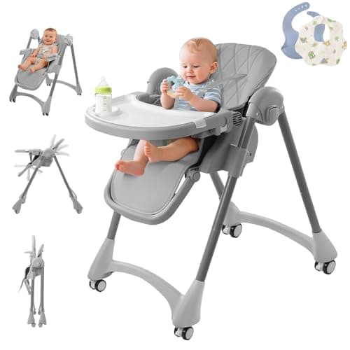 High Chairs for Babies and Toddlers, 6 in 1 Convertible Baby High Chair with Wheels, 4-Position Adjustable Backrest Recline, 7-Level Height Adjustment, 3-Way Removable Food Tray, 180° Foot Rest, Easy to Clean, Cotton & Silicone Baby Bibs, Infant to Toddler High Chair