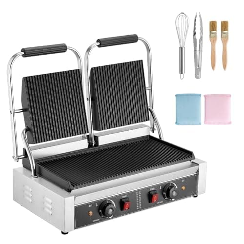 Uargd Commercial Panini Grill, 3600W Electric Sandwich Maker, Stainless Steel Double Press with Handle and Temperature Control, 19x9 in Fully Grooved Enamel Plate, Ideal for Burgers, Steaks