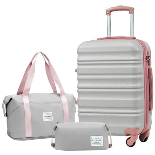 LONG VACATION Carry On Luggage Sets 3 Piece 20 Inch Suitcase Set, ABS+PC Hardshell Lightweight Travel Luggage with Spinner Wheels & YKK Zipper TSA Lock for Travel Esssentials (Grey-Pink,20 INCH)