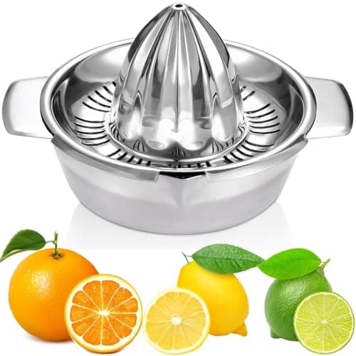 Citrus Lemon Orange Grapefruit Juicer Manual Stainless Steel 304 Anti-Rust Metal Hand Press Fruit Squeezer with Juice Strainer＆12 OZ Bowl with 2 Spouts, Dishwasher Safe, Easy to Clean, Heavy Duty