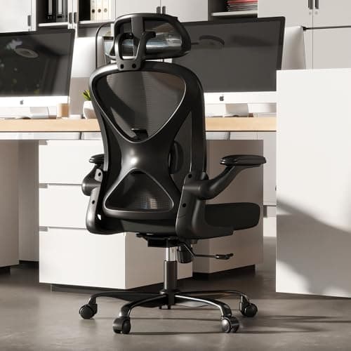 Keratee Ergonomic Office Chair with Adjustable Lumbar Support and Headrest, Mesh Home Office Desk Chair with Flip-up Arms and Wheels, Black