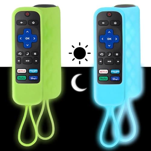 2 Pack Remote Cover (Glow in The Dark) Compatible with Roku TV Remote/Roku Express/Streaming Stick/Premiere, Universal Silicone Case for Roku Voice Remote with Lanyard (Glow Green + Glow Blue)