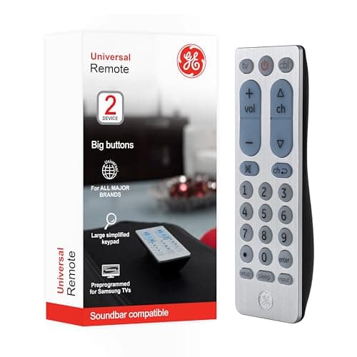 GE Big Button Universal Remote Control for Samsung, Vizio, Lg, Sony, Sharp, Roku, Apple TV, RCA, Panasonic, Smart TVs, Streaming Players, Blu-Ray, DVD, 2-Device, Silver, 33701, Small/Compact