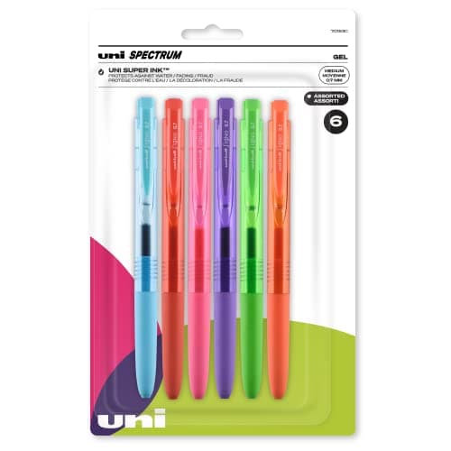 uni-ball Spectrum Retractable Gel Pen 6 Pack in Fashion Colors with 0.7mm Medium Point Pen Tips, Uni-Super Ink is Smooth, Vibrant, and Protects Against Water, Fading, and Fraud