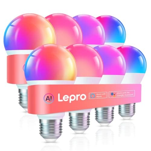 Lepro B1 AI Smart Bulb, Color Changing Light Bulbs, Work with Alexa and Google Assistant, WiFi & Bluetooth LED Light Bulb, Music Sync, Via Lepro App, RGBWW Dimmable LLM, A19 E26 800 Lumen, 8 Packs