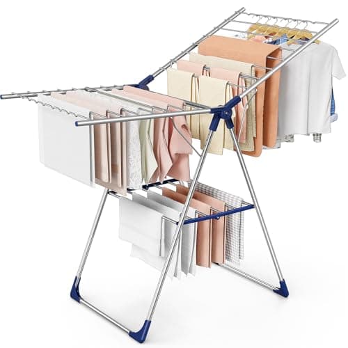 Sakugi Clothes Drying Rack with Height-Adjustable Wings, Metal Foldable Laundry Dryer Stand for Clothing & Bedding, Free-Standing Collapsible for Indoor & Outdoor Use, 141 x 58 x 93 cm, Silver Blue