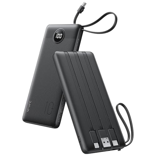 Portable Charger 10000mAh with Built in Cables, USB C Power Bank Ultra Slim 5 Output 2 Input LED Display VRURC External Battery Pack Phone Charger Compatible with iPhone,Samsung Cell Phones, Black