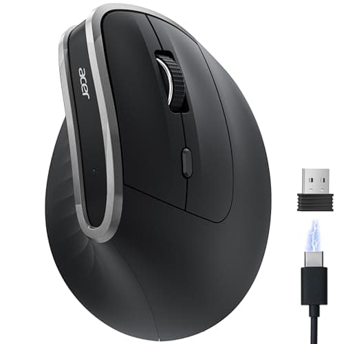 Acer Wireless Ergonomic Mouse, Rechargeable Vertical Mouse, 3 Adjustable DPI 1600/1200/1000, Ergo Mice, 2.4GHz Computer Mouse with 6 Buttons, 2.4GHz USB Receiver for Laptop, PC, Desktop