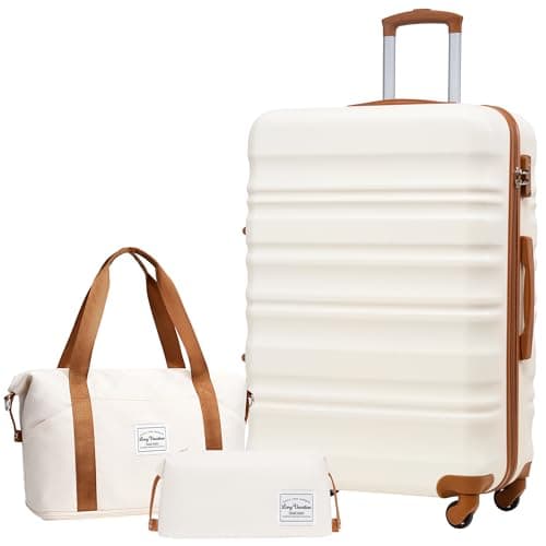 LONG VACATION Luggage Sets 28 in Suitcase Luggage 3 Piece Set, ABS+PC Hardshell Luggage with Spinner Wheels & YKK Zipper TSA Lock for Travel Esssentials (White-Brown, 28 INCH)