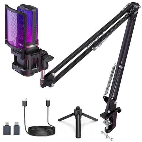 ZealSound Gaming USB Microphone,Noise Cancellation Condenser mic,RGB Microphone with Mute,Gain,Monitoring,Boom Arm,Pop Filter for Phone,PC,Computer,Mac,Streaming,Podcast,Twitch,YouTube,Discord