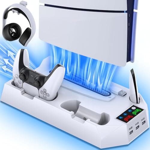 PS5/Pro/Slim Cooling Station with Controller Charging Station for PlayStation 5 Slim&Standard Disc/Digital Console, PS5 Slim Stand Cooler Accessories Incl Cooling Fan/3 USB Hubs/Headset Holder/Screw