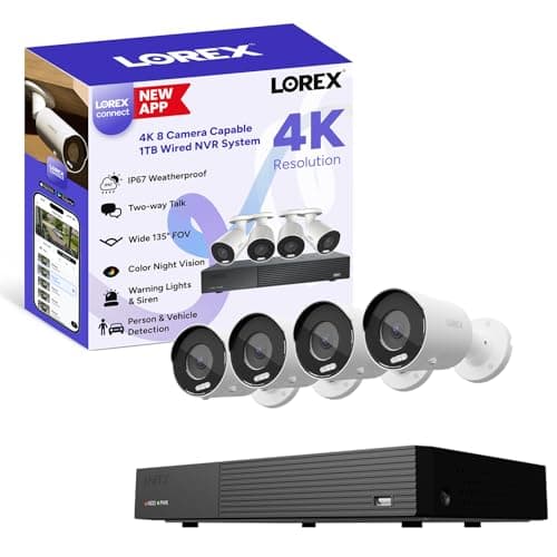 Lorex Connect [New App] 4K 8-Channel 1TB NVR Wired System | IP PoE Bullet Cameras | AI Detections | Deterrence Light & Siren | 2-Way Talk | Weatherproof | 1TB HDD | No Monthly Fee