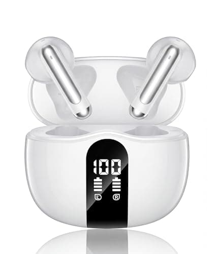 Wireless Earbuds, Bluetooth 5.4 Bass Stereo Headphones with 4 ENC Mic, 50H Playback Ear Buds with Charging Case LED Display,Sport Earphones IPX7 Waterproof for Phone, Android, Pad, White