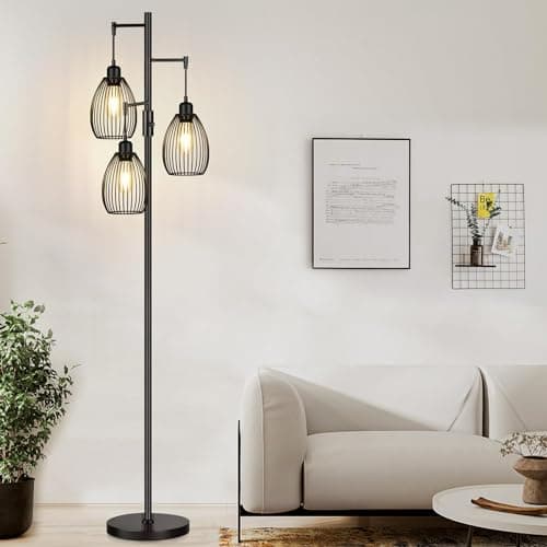 Dimmable Floor Lamp, 2400LM LED Edison Bulbs Included, Farmhouse Industrial Floor Lamp Standing Tree Lamp with Elegant Teardrop Cage Tall Lamps for Living Room Bedroom Office Dining Room-Black