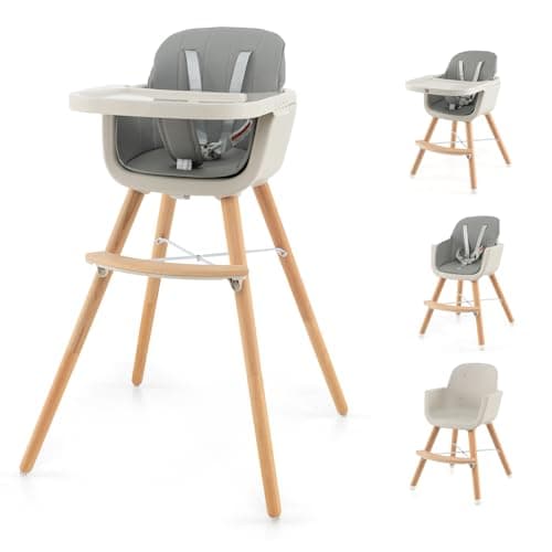 HONEY JOY High Chair, 3-in-1 Eat & Grow Wooden Highchair/Booster Seat/Toddler Chair with Removable Tray, 5-Point Harness, PU Cushion and Footrest for Baby, High Chair for Babies and Toddlers