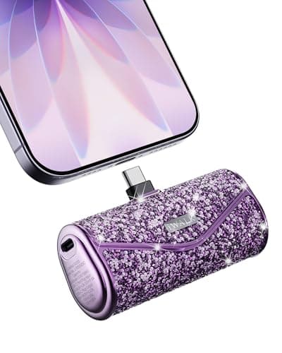 iWALK Portable Charger for iPhone, 5000mAh Wireless Portable Charger USB C Mini Power Bank with Diamond, 22.5W Fast Battery Pack Power Bank for iPhone 15/16/17 Series, Samsung & Android Series, Purple