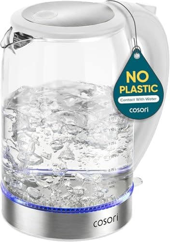 Cosori Electric Kettle, No Plastic Contact With Water, Wide Mouth For Easy Cleaning, Auto Shut Off, 1.7L Tea Kettle & Hot Water Boiler, Water Heater & Teapot, Borosilicate Glass, White, 1500W