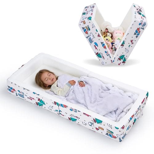 Portable Foldable Toddler Travel Cot – Air Layer Fabric Soft Foam Floor Cushion with Raised Sides, No Assembly, Washable Cover, Cream