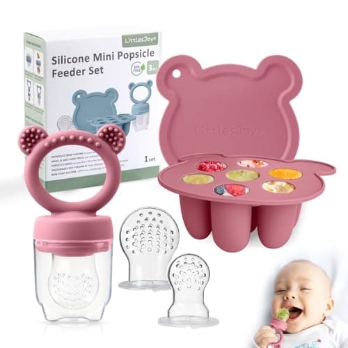 Baby Food Feeder/Fruit Feeder Pacifier NibblerTray Combo，Breastmilk Popsicle Molds for Baby Cooling Relief, BPA Free Silicone Feeder for Safe Infant Self Feeding, （powder ros)