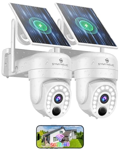 SYMYNELEC Security Cameras Wireless Outdoor: 5G&2.4G Solar Camera Surveillance Exterieur - 360° Pan/Tilt 2K Color Night Vision Human Detection Siren 2-Way Talk Weatherproof Cloud/SD Storage 2-Packs