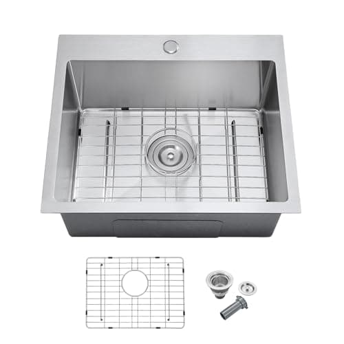 MENATT 22x18 Inch Drop in Kitchen Sink, 304 Stainless Steel Single Bowl with Bottom Grid Mat, Sound Proof & Anti-Condensation Coating, X-Shape Fast Drain, Deep 9" Basin for Compact Kitchen, Bar, RV