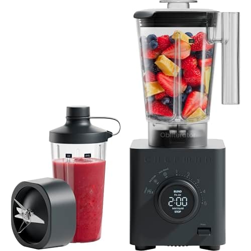Chefman Obliterator 48 oz Countertop Blender for Smoothies, 1380W Motor to Crush Ice, Nuts, and Frozen Fruit with Stainless Steel Blade, Auto Blend Function, Includes 20 oz Travel Jar - Midnight
