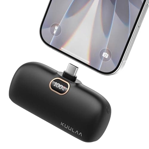 Kuulaa 5000mAh Mini Power Bank for iPhone, 20W USB-C Fast Charging Portable Charger with LED Display, Built-in USB-C Connector, Small Battery Pack for iPhone 17/16/15 Series, Samsung, Huawei, Black