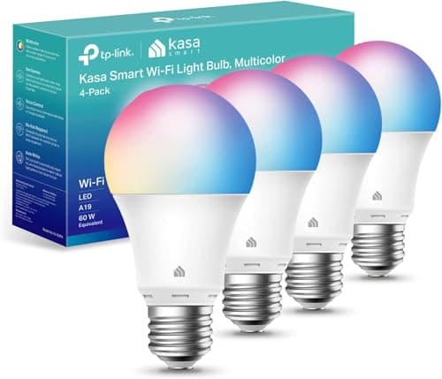 Kasa Smart Light Bulbs, Full Colour Changing Dimmable Smart WiFi Bulbs Compatible with Alexa and Google Home, A19, 9W 800 Lumens,2.4Ghz only, No Hub Required, 4-Pack (KL125P4), Multicolour