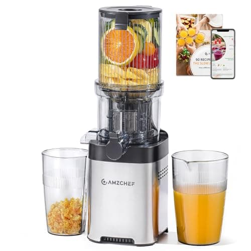 AMZCHEF Cold Press Juicer, 4.6" Extra Self-Feeding Juicer Machine Fit Whole Vegetables & Fruits, 2-in-1 Strainer (Juice & Nut Milk Maker), Space-saving, Easy to Clean, Stainless Steel