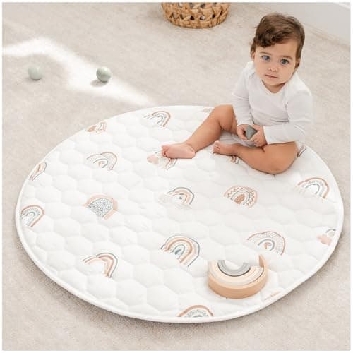 Comfy Cubs Kids Play Mat, Round 91.5 cm - 0+ Months, Small Soft Baby Mat with Non-Slip Bottom - Safe, Plush Quilted Surface for Kids Playtime, Tummy Time, and Comfort Rainbow