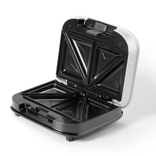 Starfrit Electric Sandwich Maker - Chemical Free Ceramic Non-Stick Surface – 2 Slice & 4 Deep Pockets To Fill – Indicator Light -Cool Touch Handle - 700W – White