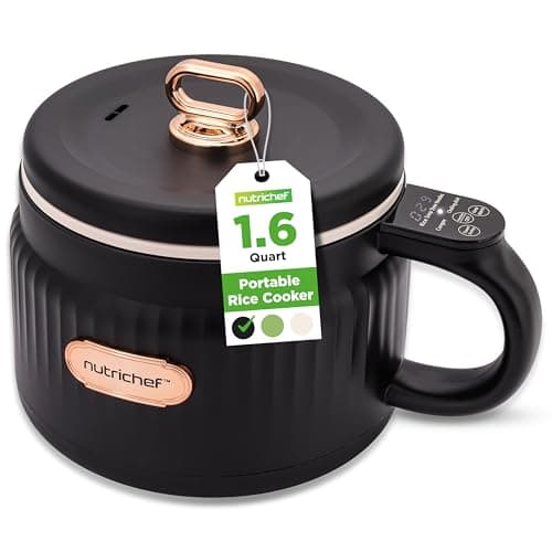 NutriChef Rice Cooker, 1.6 QT Portable Electric Multi-Functional Mini Rice Maker, Non-Stick Ceramic Coating, Digital Control Panel, 6 Cook Functions: Rice, Soup, Stew, Porridge & More, Black