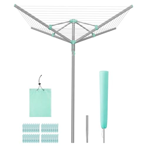 SONGMICS Umbrella Drying Rack, Rotary Washing Line, Foldable Heavy-Duty Outdoor Clothes Drying Rack with Clips, Cover, Ground Anchor, 164 ft (50 m) Long for 5 Loads of Laundry, Silver ULLR307EZ01