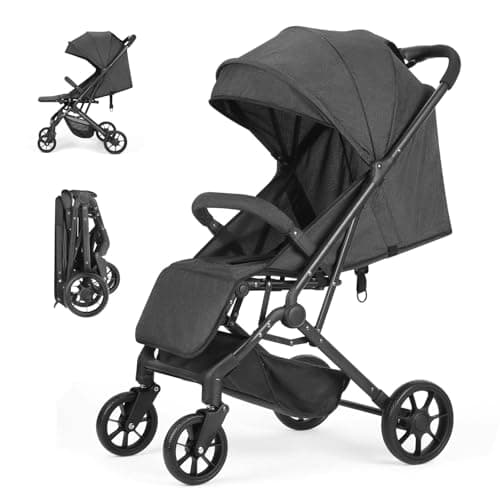 6-36M Compact Baby Stroller, Travel Toddler Seat Pushchair with Shock Absorbing Wheels, Foldable Infant Stroller with Canopy, One Button Brake, Convertible Infant Stroller for Toddler (Black)