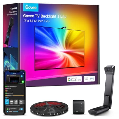 Govee TV Backlight 3 Lite with Fish-Eye Correction Function Sync to 55-65 Inch TVs, 11.8ft RGBICW Wi-Fi TV LED Backlight Strip with Camera for Immersive Experience, Voice and APP Control, Adapter