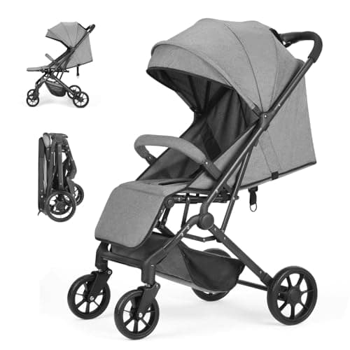 6-36M Compact Baby Stroller, Travel Toddler Seat Pushchair with Shock Absorbing Wheels, Foldable Infant Stroller with Canopy, One Button Brake, Convertible Infant Stroller for Toddler (Grey)