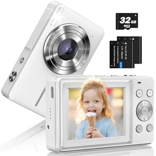 Digital Camera 1080P Kids Camera for Photography 44MP Point and Shoot Camera 16X Zoom Small Cameras for Kids Girls Boys Children with 32GB Card & 2 Batteries (White)
