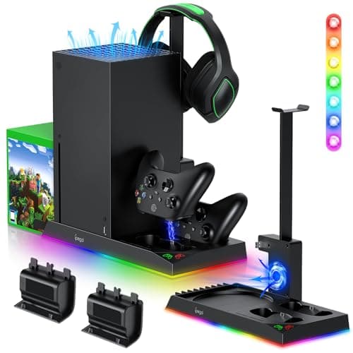 RGB Charging Stand with Cooling Fan for Xbox Series X Console &Controller,Dual Charger Station Cooler System Accessories with 15 RGB Light,2x1400mAh Rechargeable Battery,Headphone stand,Game Disc Slot