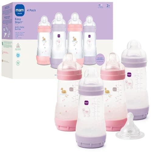 MAM 9oz Easy Start Anti-Colic+ Wide Neck Baby Bottle, Medium Flow Breastfeeding-Like Nipple, Reduces Colic Gas & Reflux, Easy To Clean, BPA Free, 2+ Months, Made In Europe, Bonus Fast Flow Nipple