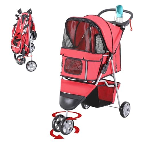 PawHut Cat Stroller, 3 Wheels Foldable Dog Stroller with Storage Basket, Brake, Adjustable Canopy, Cupholders, Pet Stroller for Miniature and Small Dogs Travel, Red