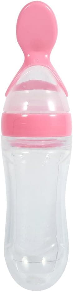 Baby Feeder Bottle, 1Pc 90mL Silicone Pink, Toddler Feeding Bottle with Spoon, Fresh Food Cereal Squeeze Feeder, Hot