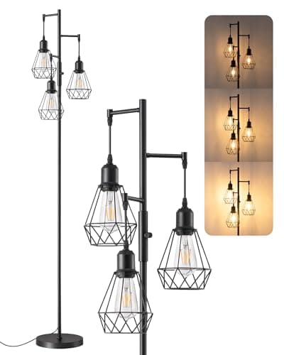 EDISHINE 70IN Farmhouse Floor Lamps for Living Room, Dimmable Industrial Tall Standing Lamps 3 LED Edison Bulbs Included, Diamond-Shaped Cage, Rustic Tree Corner Light for Bedroom, Office, Black