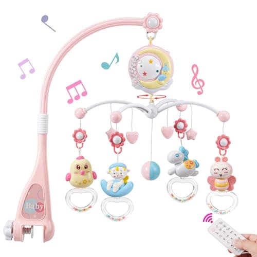 BOBXIN Baby Musical Crib Mobile for Bassinet with Projector and Night Light,150 Music,Timing Function,Take Along Mobile Music Box and Rattle,Toy for Newborn Girls Boys 0-12 Months