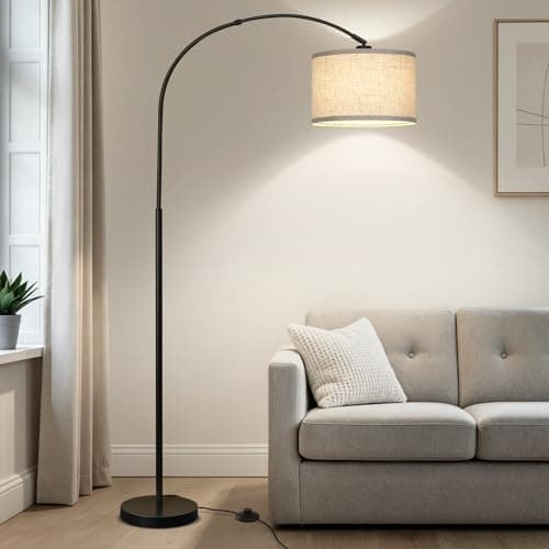 Arc Floor Lamps for Living Room, Modern Standing Lamp with Adjustable Hanging Drum Shade, Tall Corner Lamp with Foot Switch, Over Couch Arched Reading Lamp for Bedroom, Office (Black)