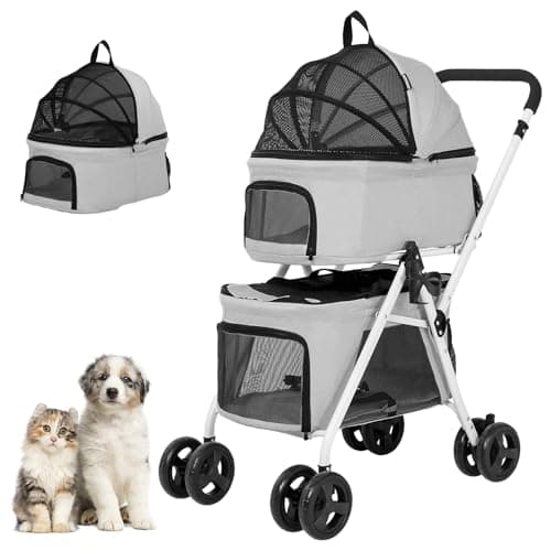 BETSOCCI Double Pet Stroller with Detachable Carrier for Medium Small Dogs and Cats, Foldable 3-in-1 Cat Stroller with 4 Wheels Lightweight Dog Stroller for 2 Dogs or Cats Grey